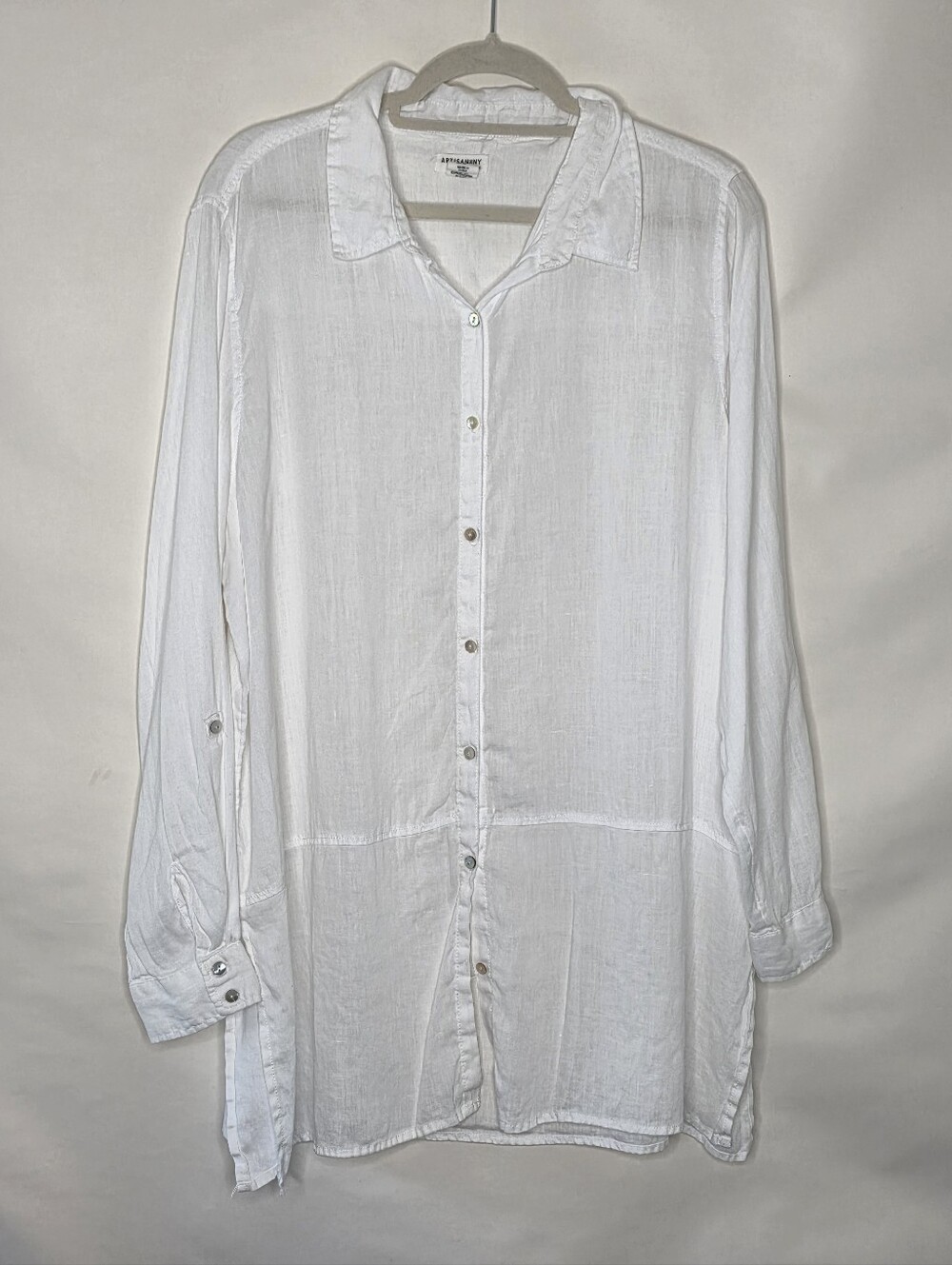 LINEN Long Sleeve Tunic Size XL White Button-up Lightweight Top Spring Loose